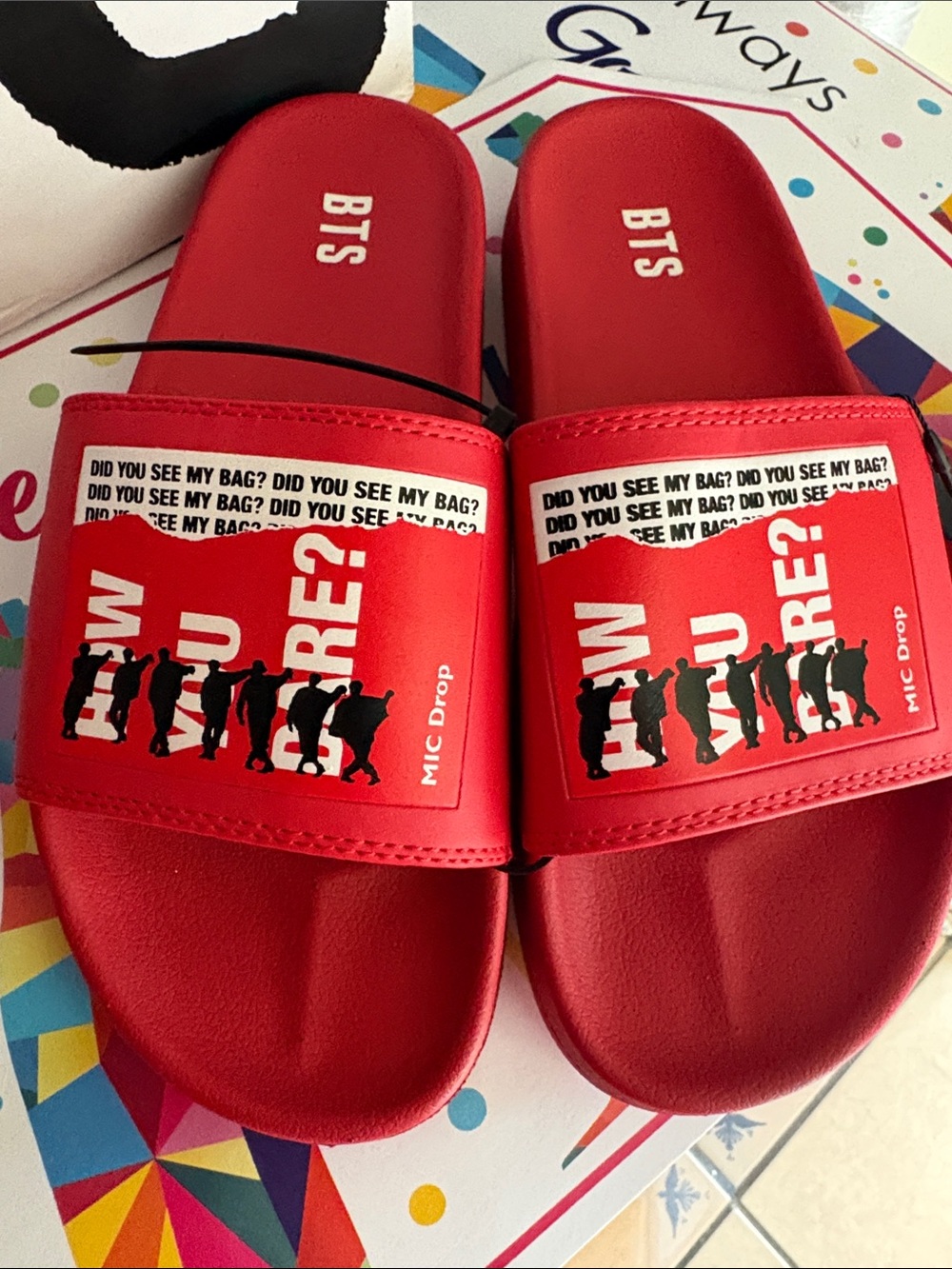 BTS Red Graphic Slide Sandals